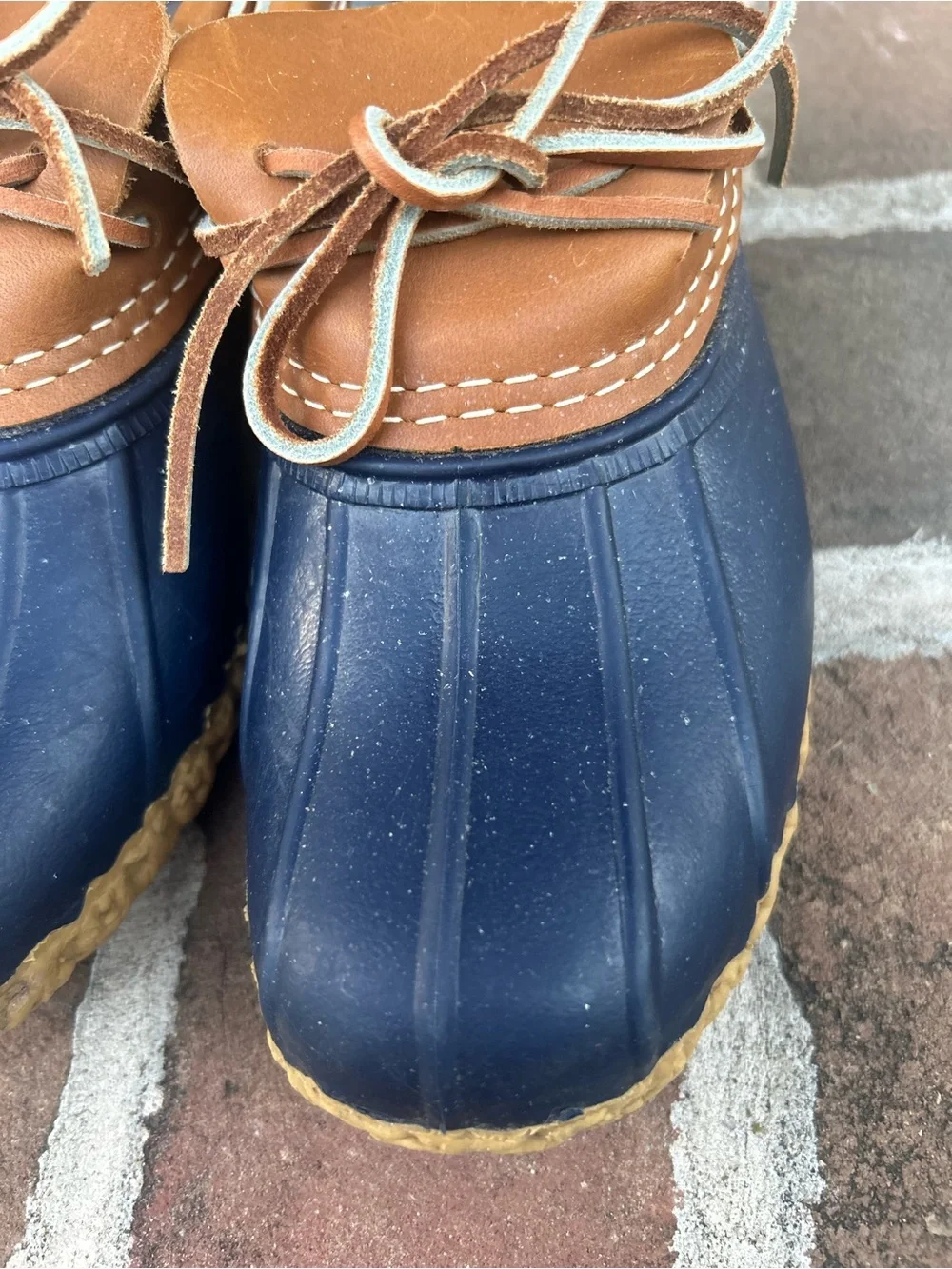 LL Bean Duck Boot Shoes Navy Blue Tan Leather Classic Rain Winter USA 6